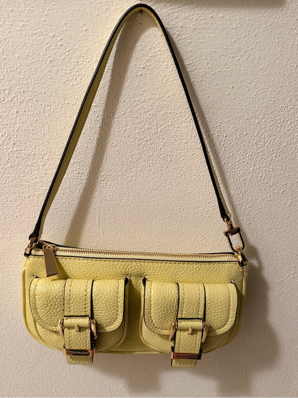Michael Kors Lemon Yellow Leather Shoulder Bag with Dual Buckle Pockets